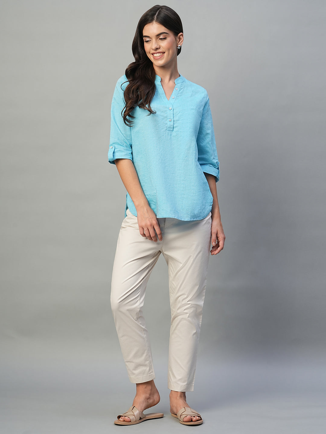 Women's Blue Cotton Linen Regular Fit Blouse