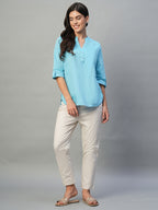Women's Blue Cotton Linen Regular Fit Blouse