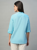 Women's Blue Cotton Linen Regular Fit Blouse