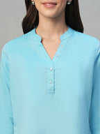 Women's Blue Cotton Linen Regular Fit Blouse