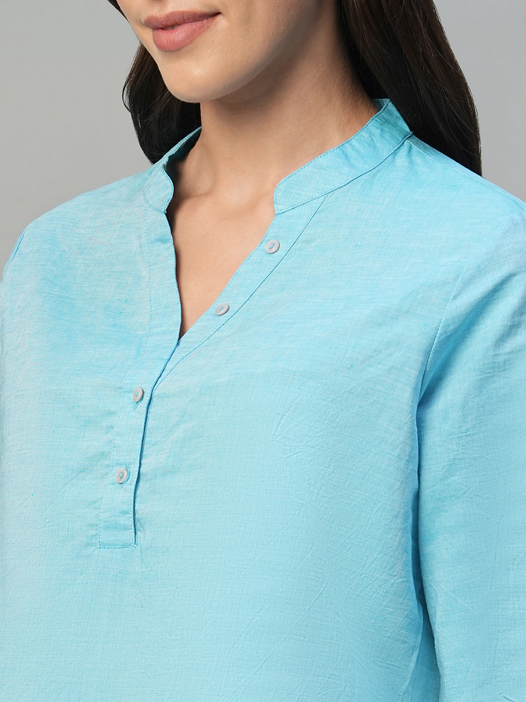 Women's Blue Cotton Linen Regular Fit Blouse