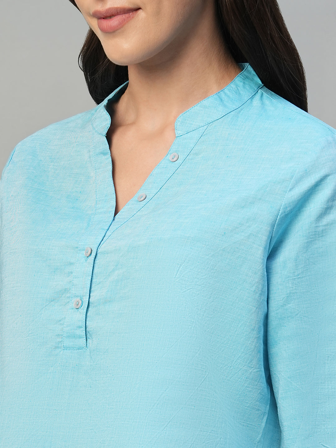 Women's Blue Cotton Linen Regular Fit Blouse