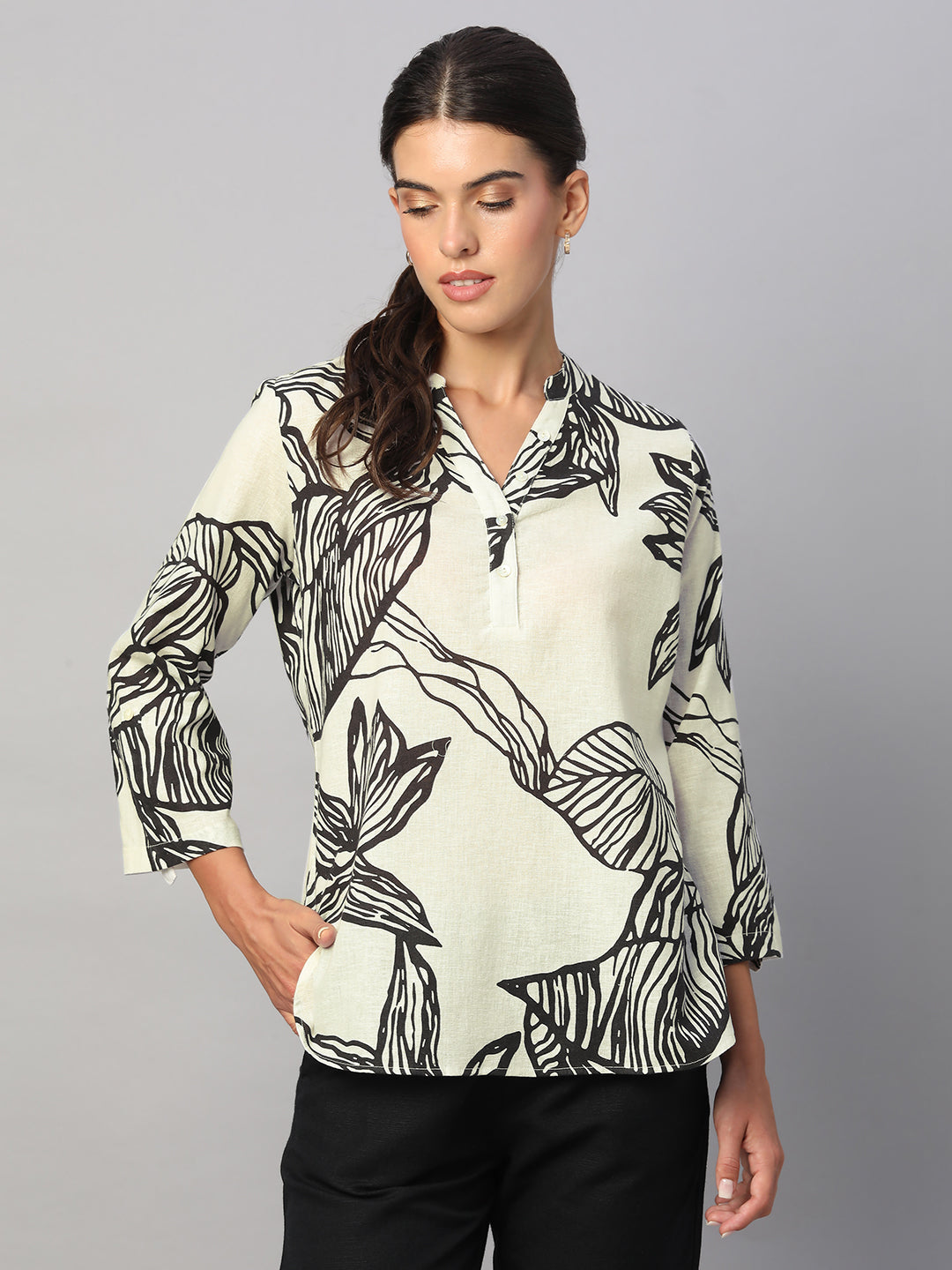 Women's White Cotton Flax Regular Fit Blouse