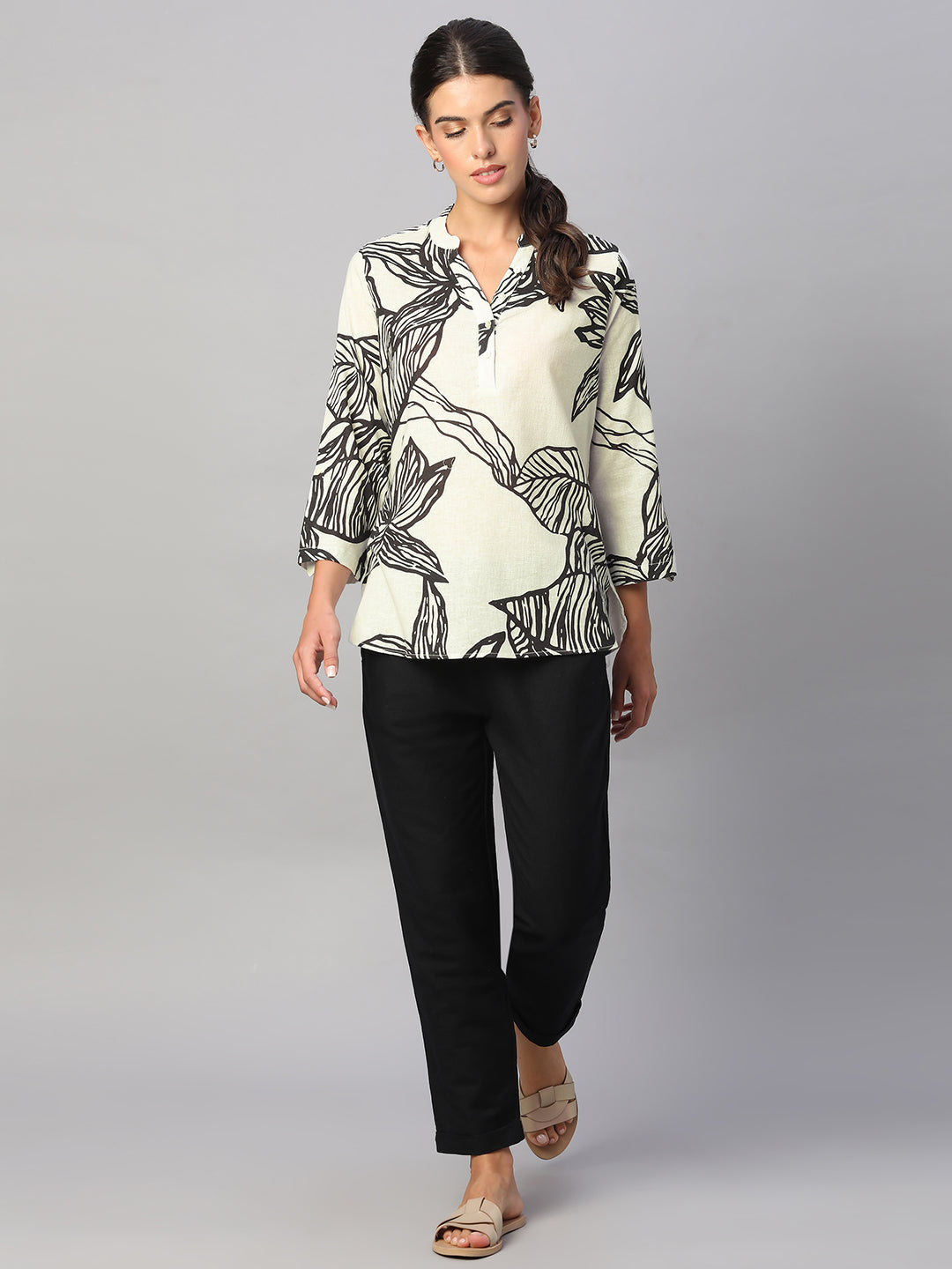 Women's White Cotton Flax Regular Fit Blouse