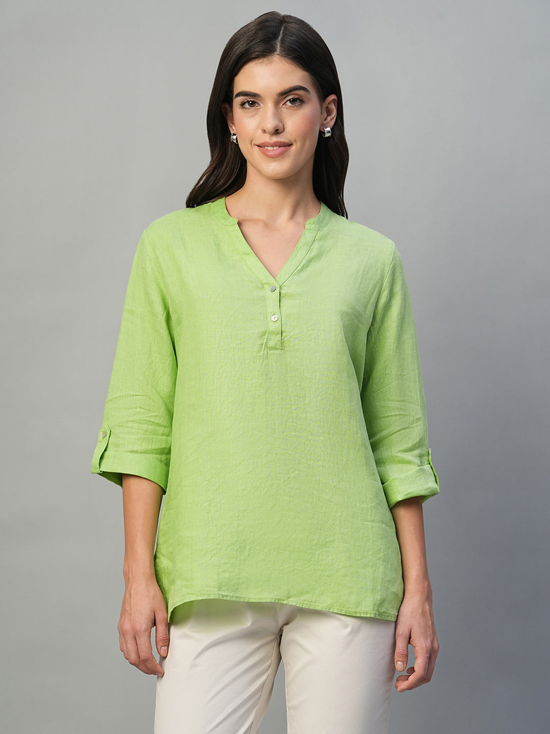 Women's Lime 100% Linen Regular Fit Blouse