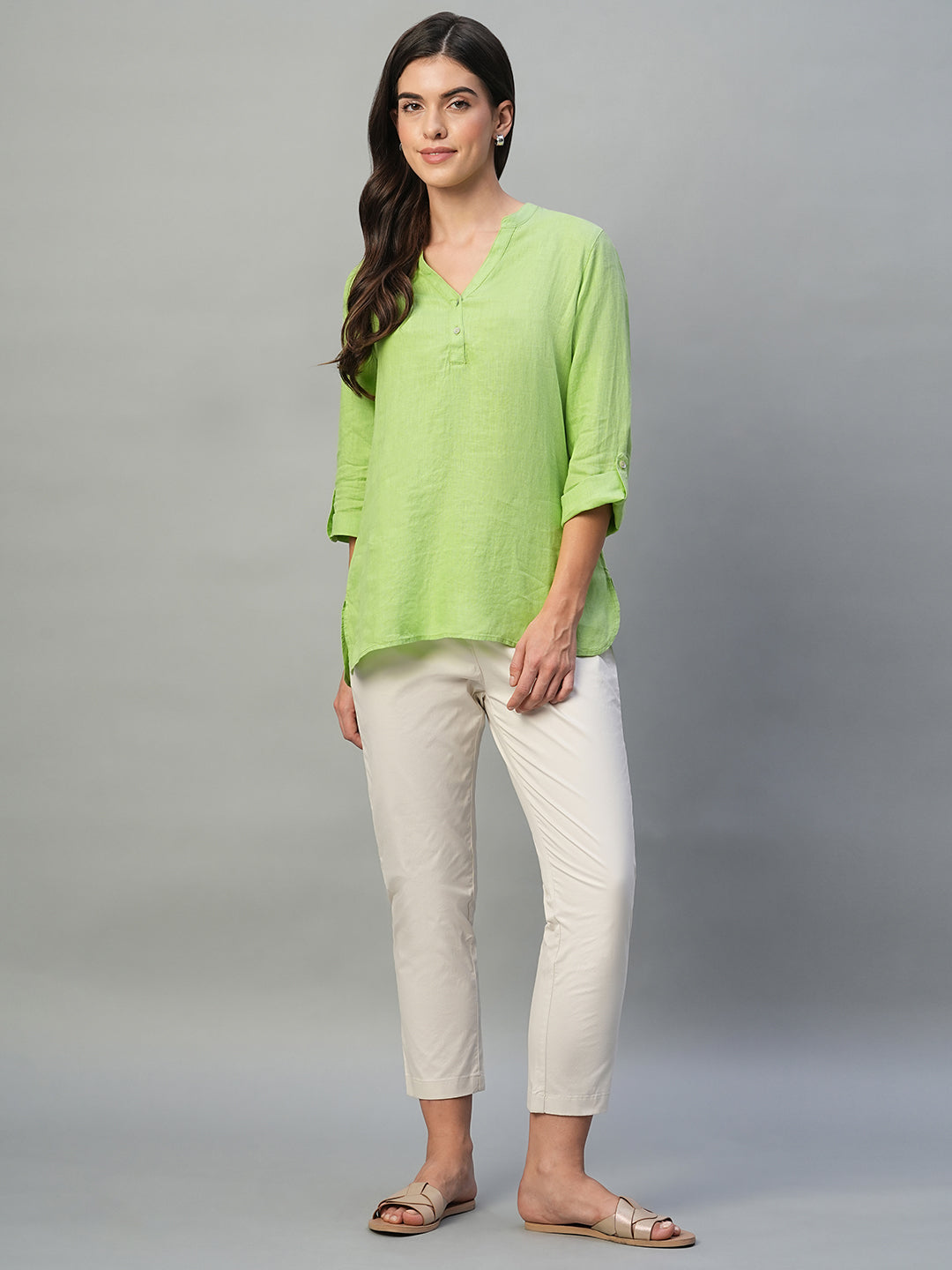 Women's Lime 100% Linen Regular Fit Blouse