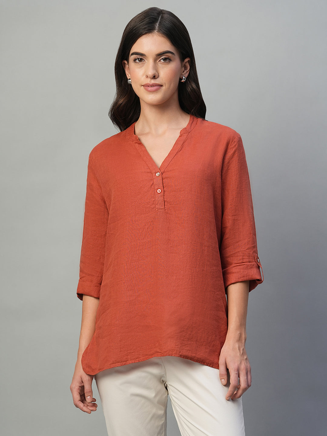 Women's Rust 100% Linen Regular Fit Blouse