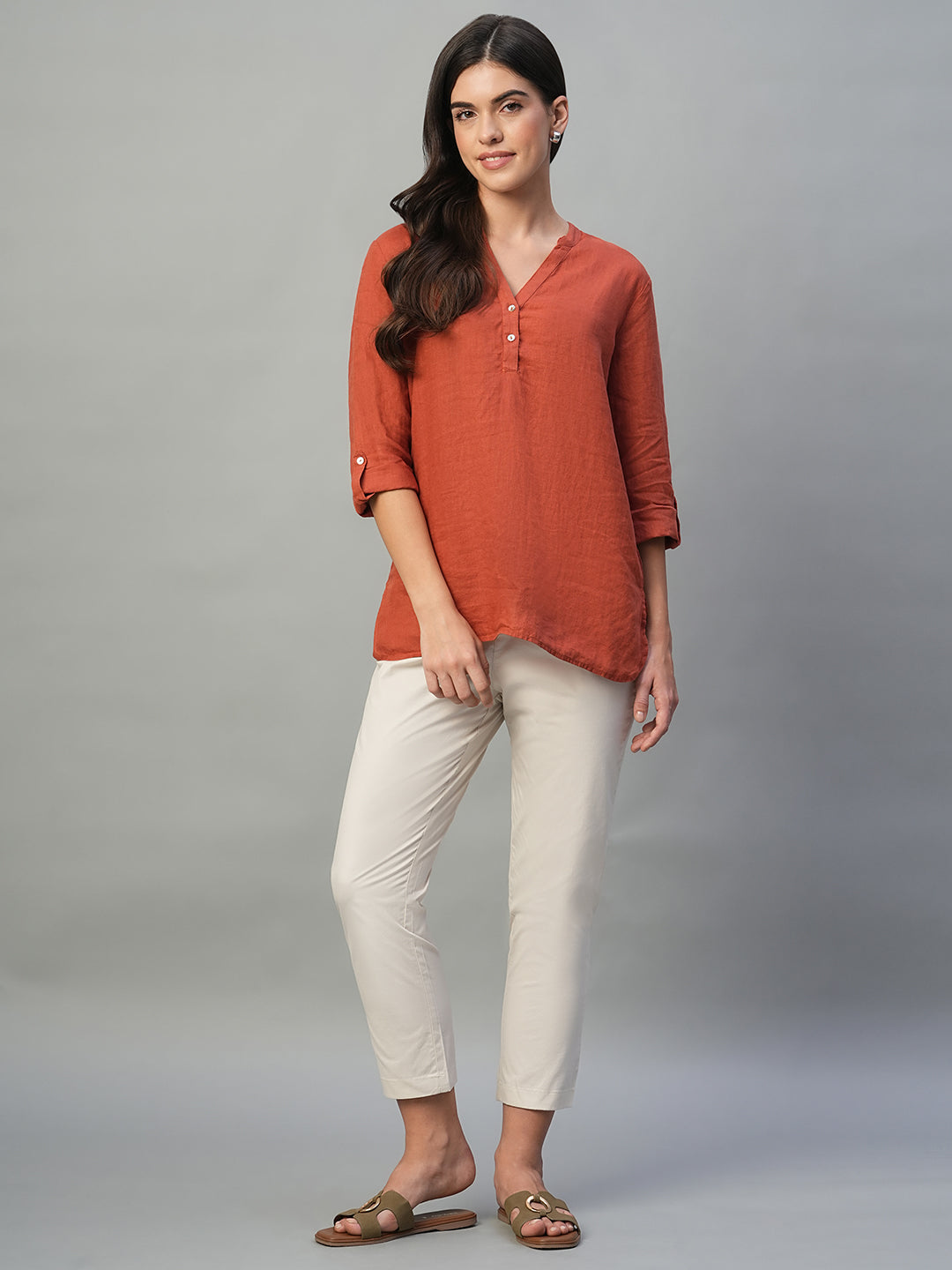 Women's Rust 100% Linen Regular Fit Blouse