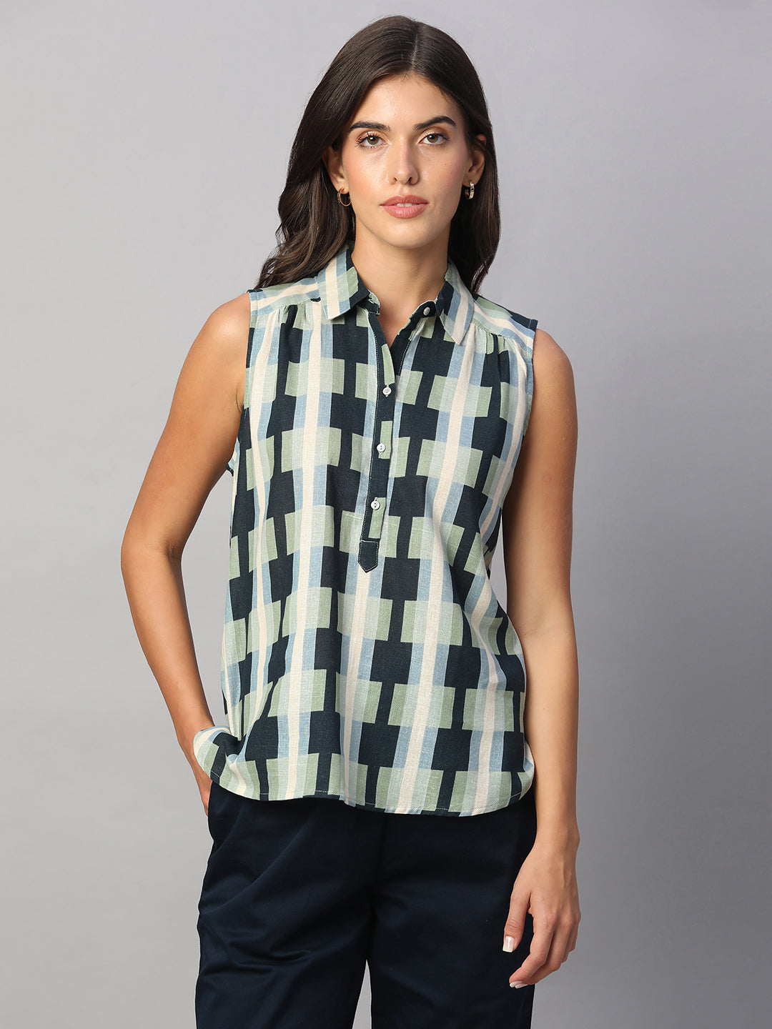 Women's Blue Cotton Flax Regular Fit Blouse