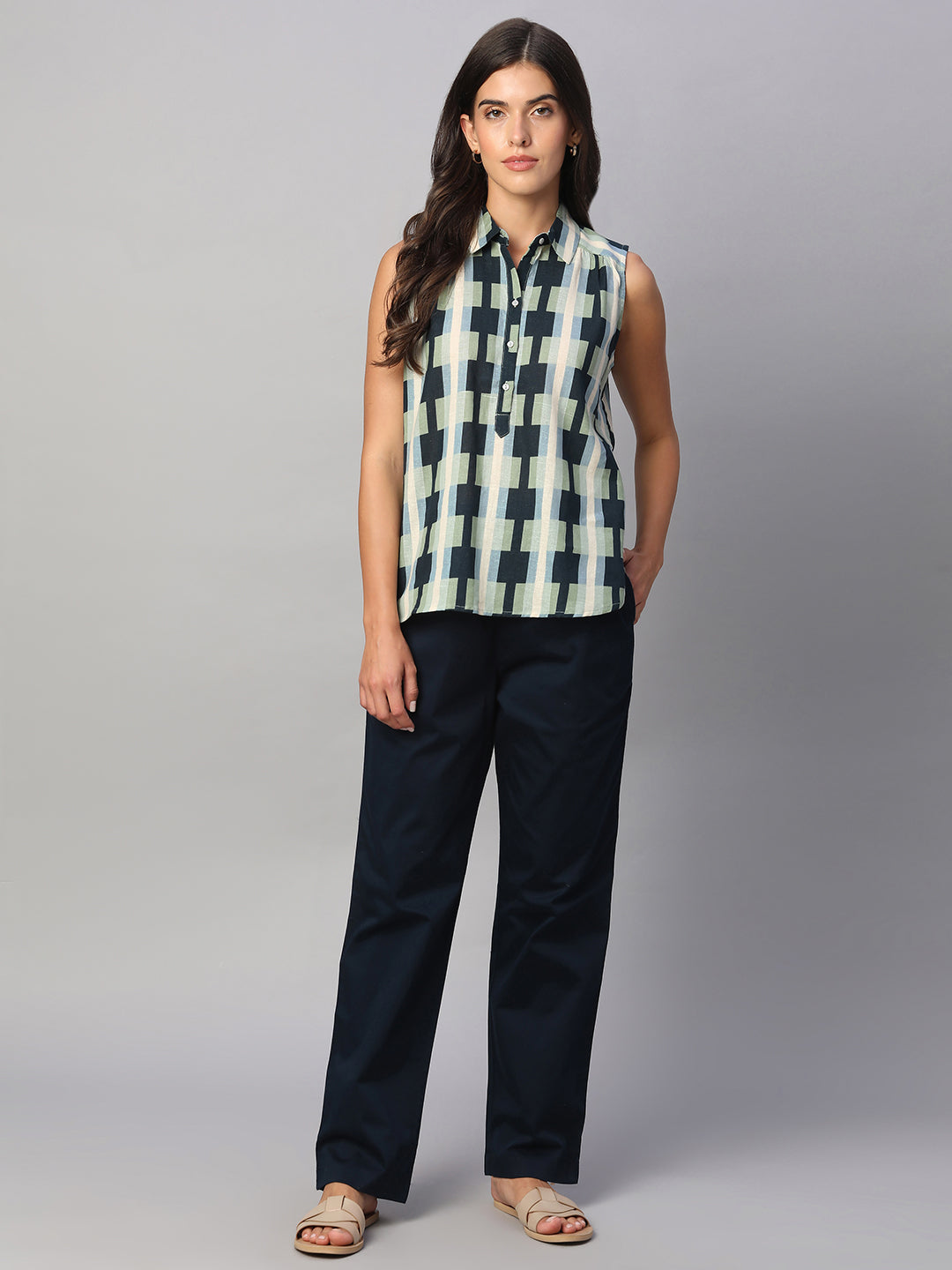 Women's Blue Cotton Flax Regular Fit Blouse