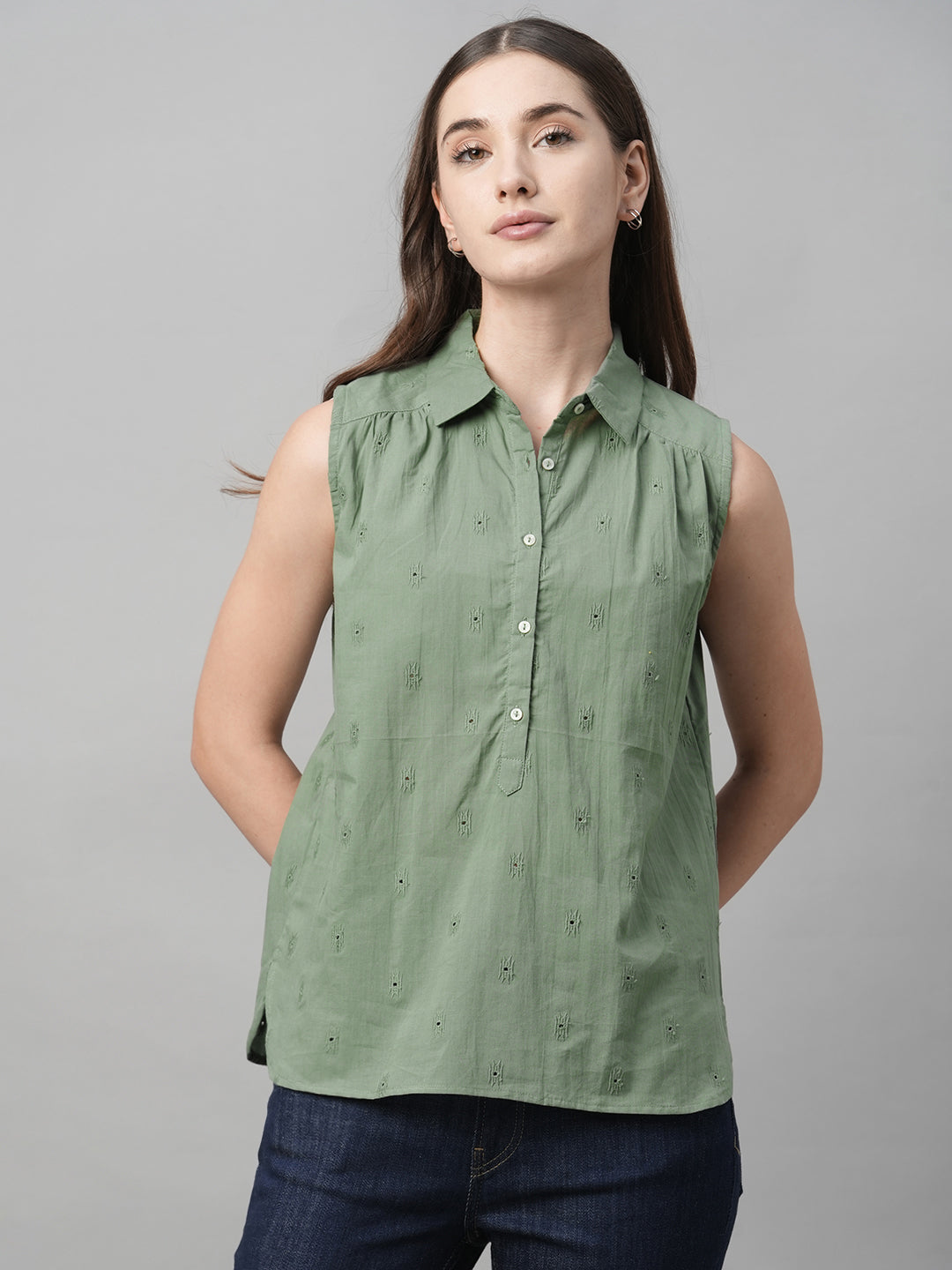 Women's Green Cotton Regular Fit Blouse