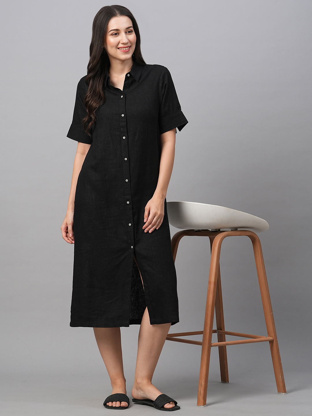 Women's Black Linen Viscose Regular Fit Dress
