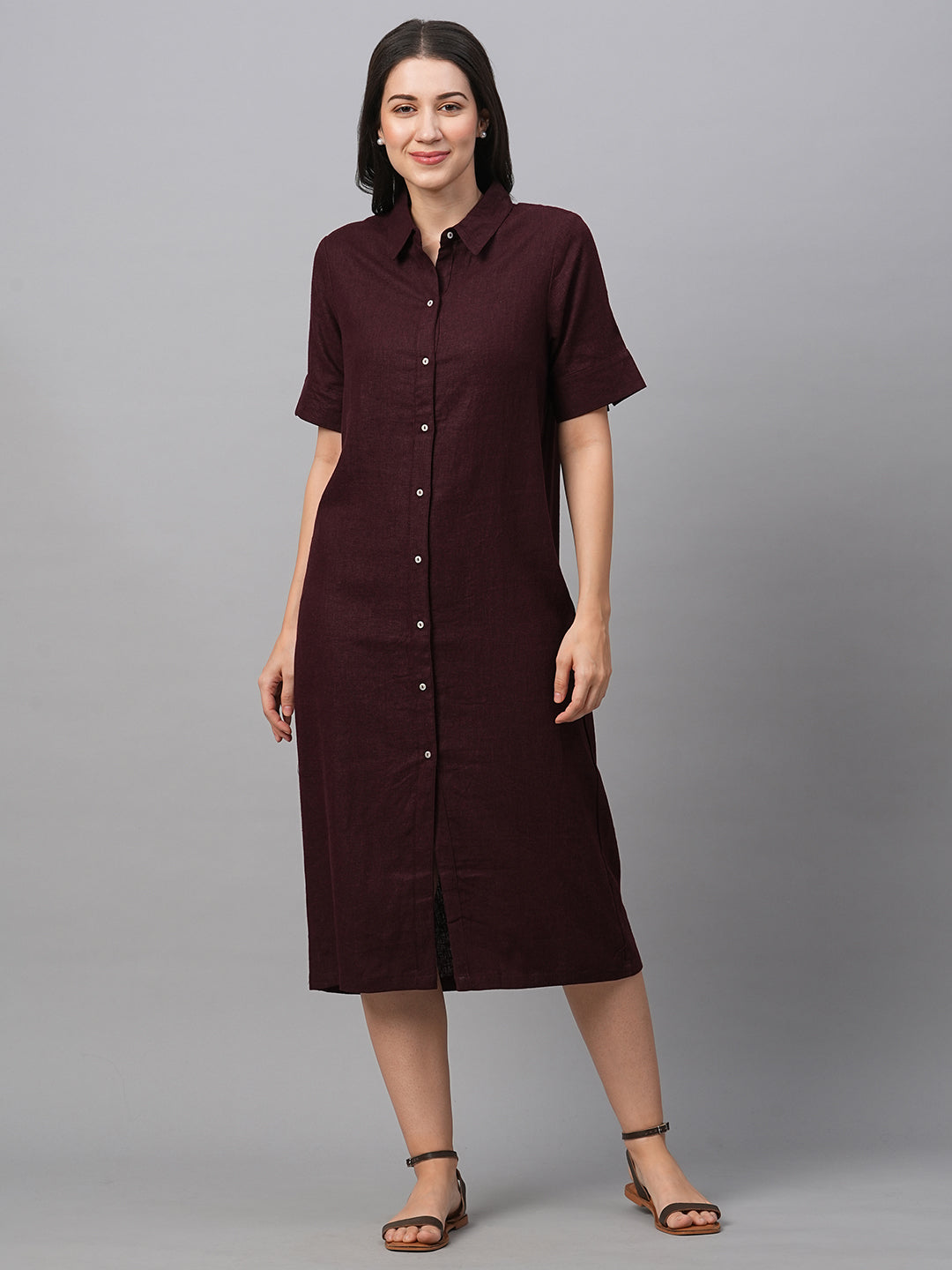 Women's Maroon Linen Viscose Regular Fit Dress