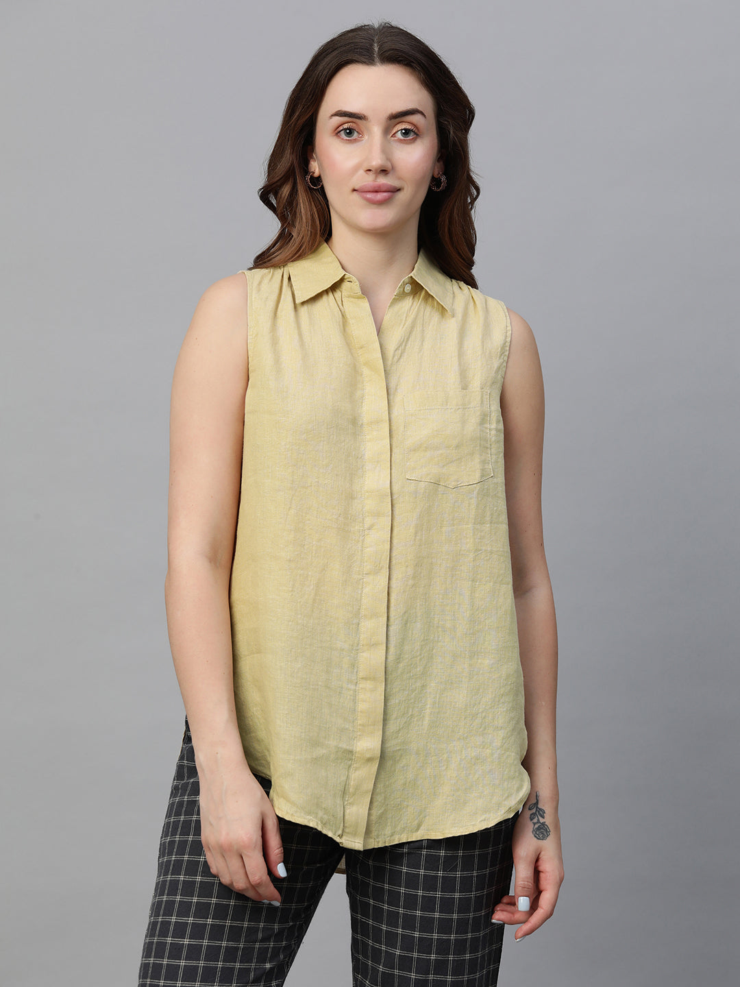 Women's Beige Linen Regular Fit Blouse