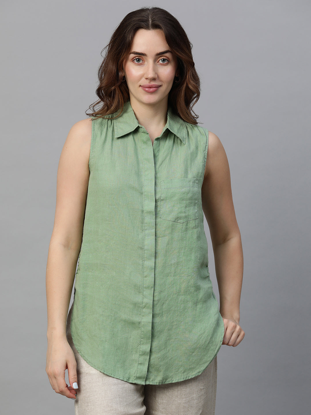 Women's Green Linen Regular Fit Blouse