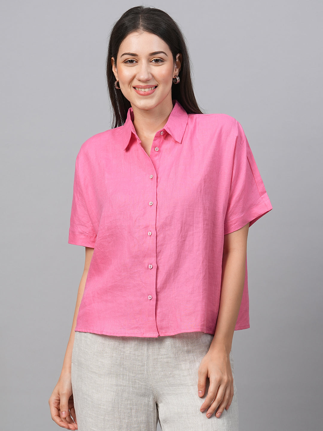 Women's Pink Linen Regular Fit Blouse