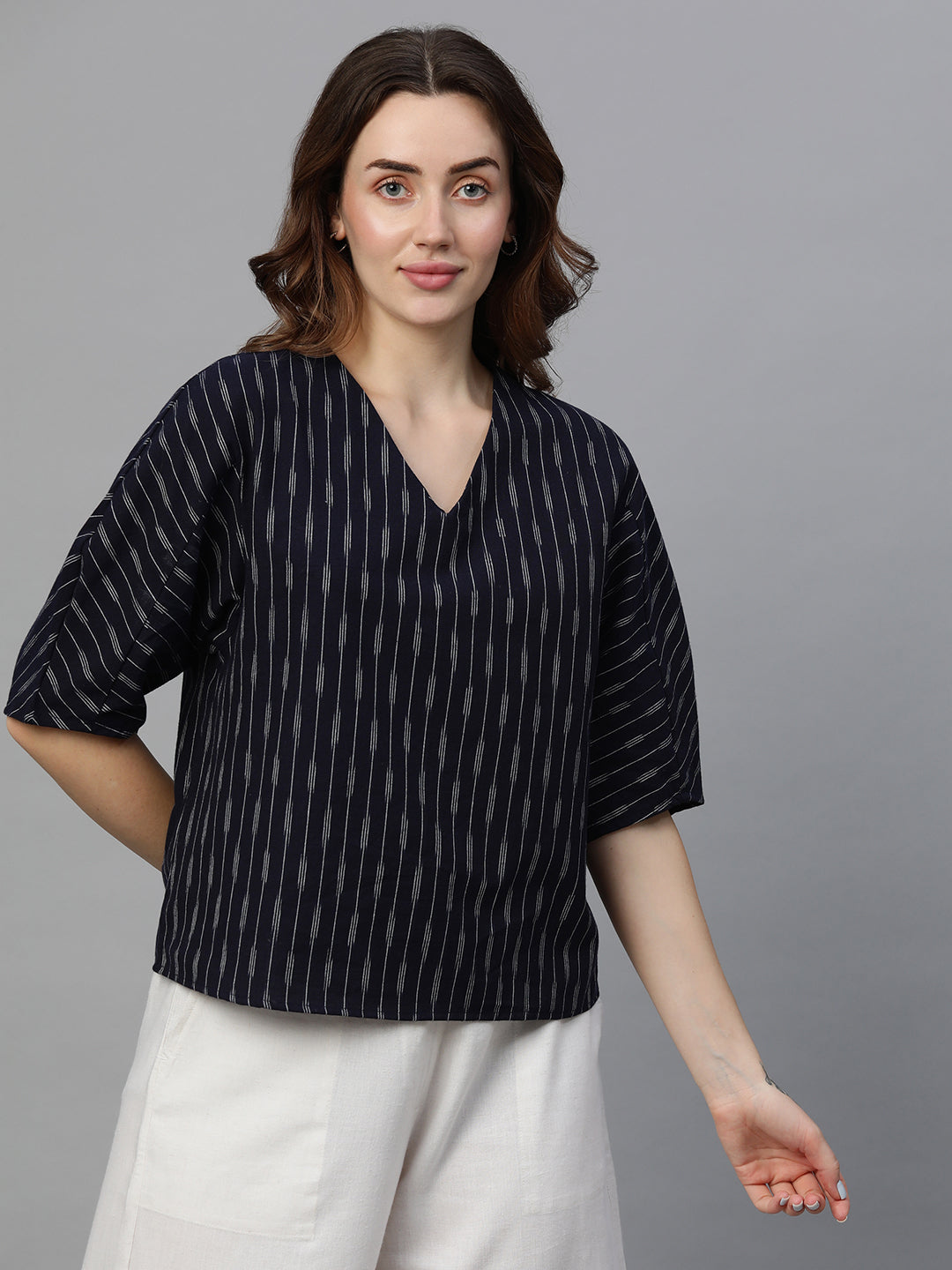 Women's Navy Cotton Regular Fit Blouse