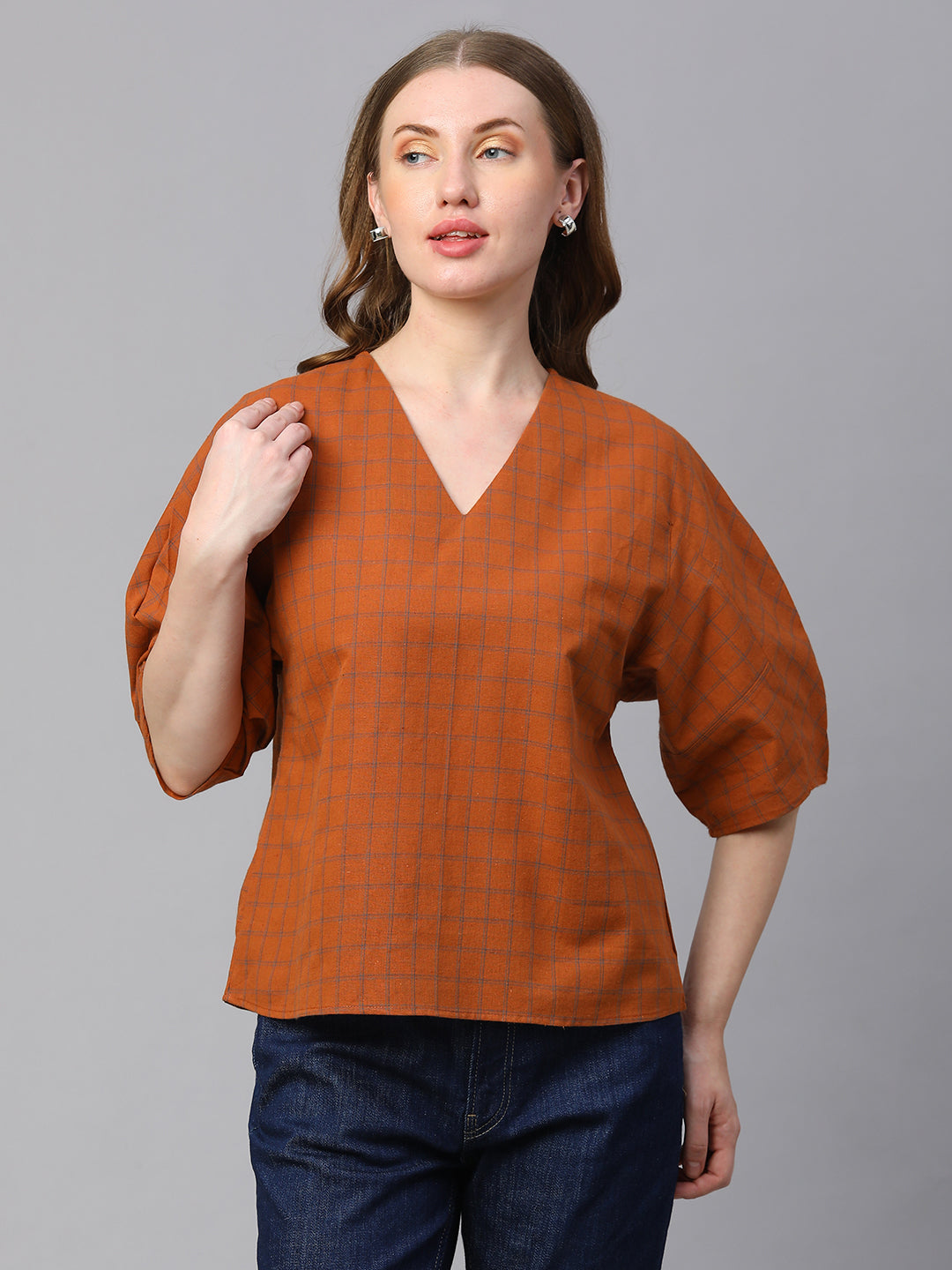 Women's Rust Cotton Linen Regular Fit Blouse