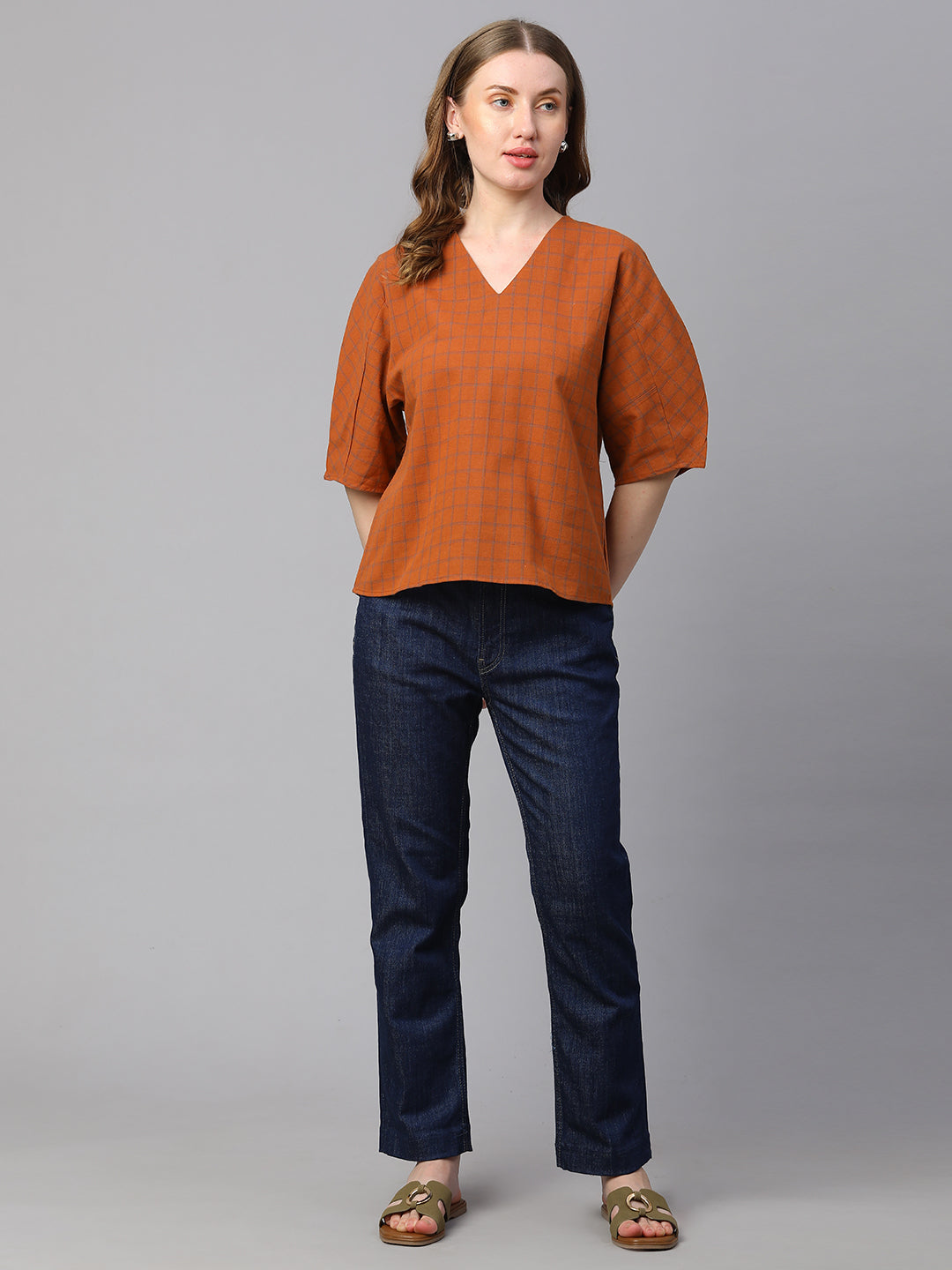 Women's Rust Cotton Linen Regular Fit Blouse