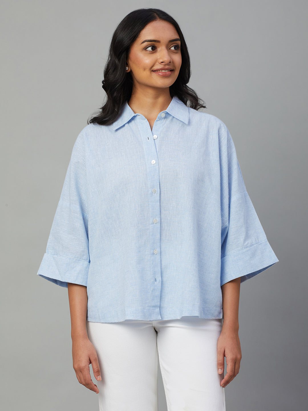 Women's Blue Cotton Linen Boxy Fit Blouse