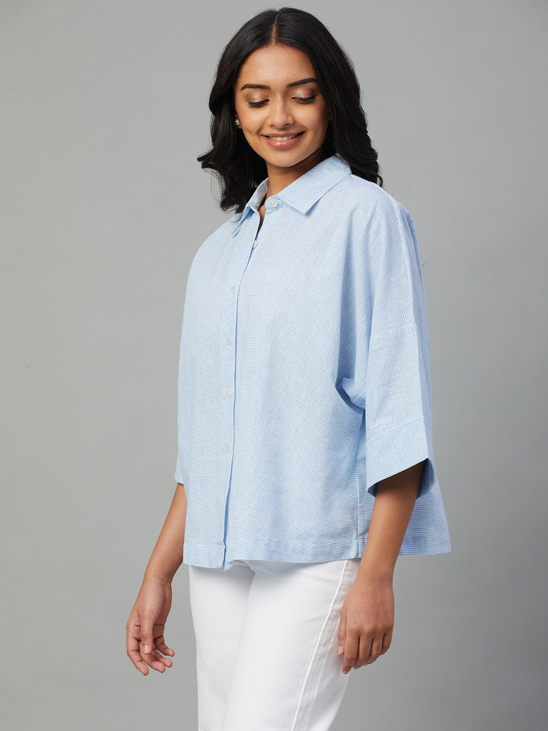 Women's Blue Cotton Linen Boxy Fit Blouse