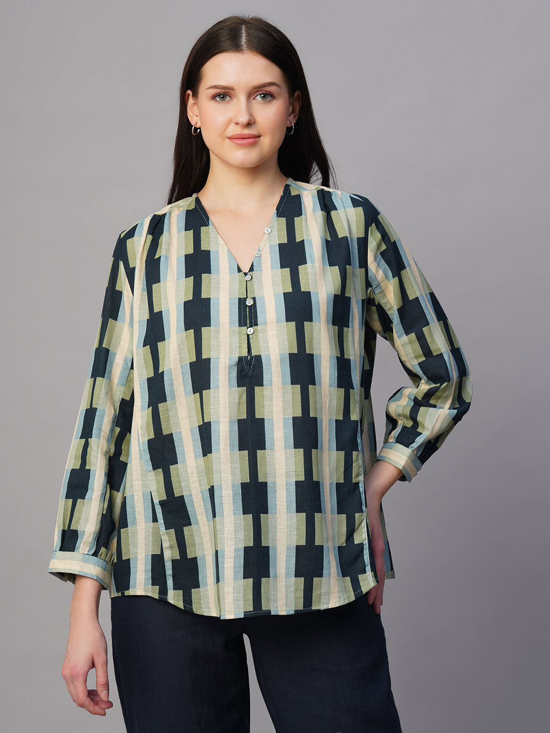 Women's Blue Cotton Flax Boxy Fit Blouse