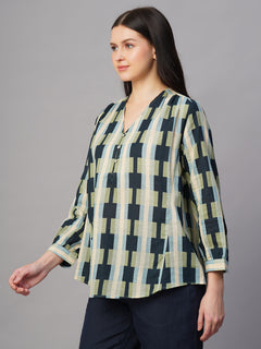 Women's Blue Cotton Flax Boxy Fit Blouse