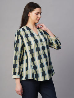 Women's Blue Cotton Flax Boxy Fit Blouse