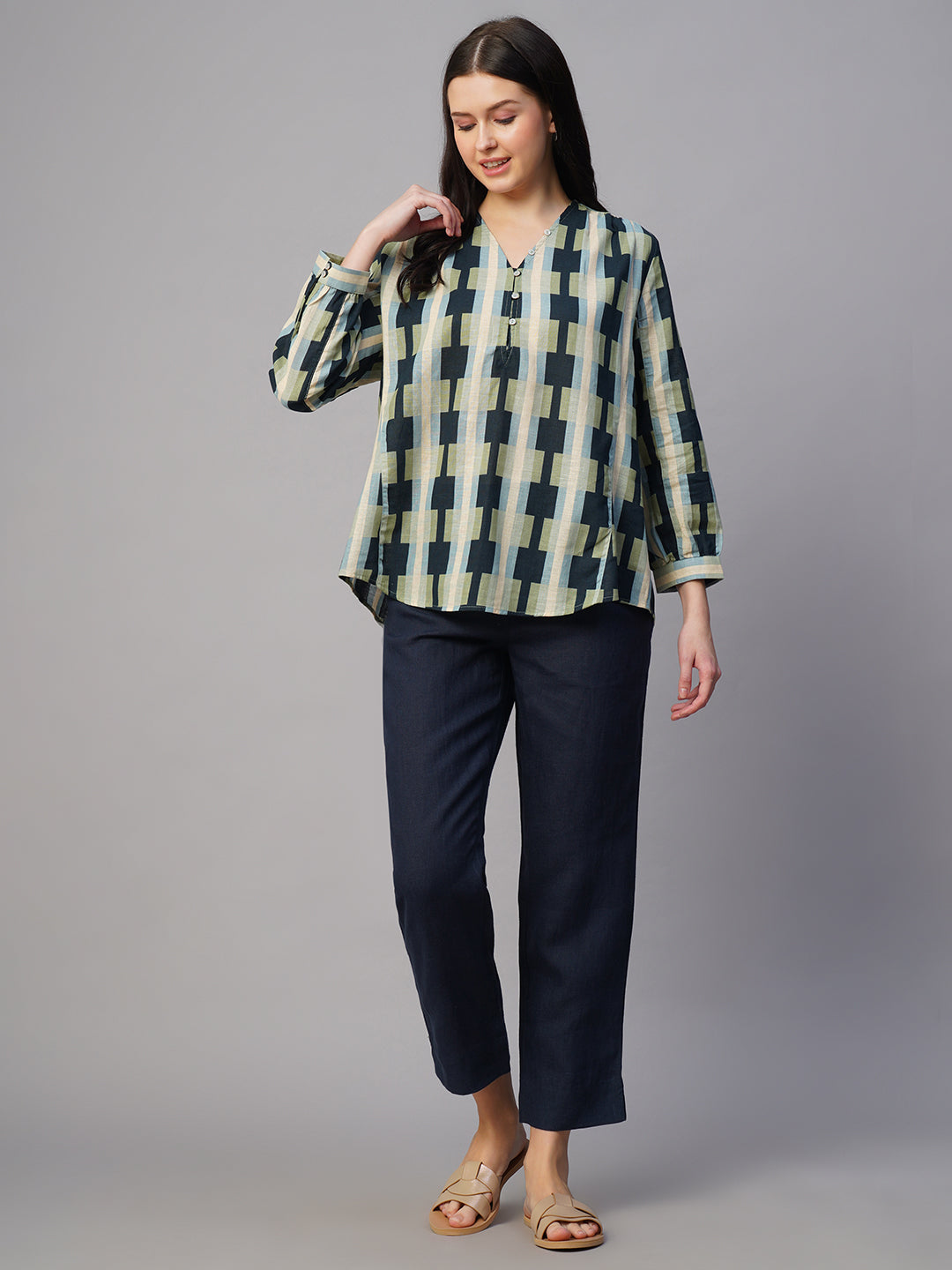 Women's Blue Cotton Flax Boxy Fit Blouse