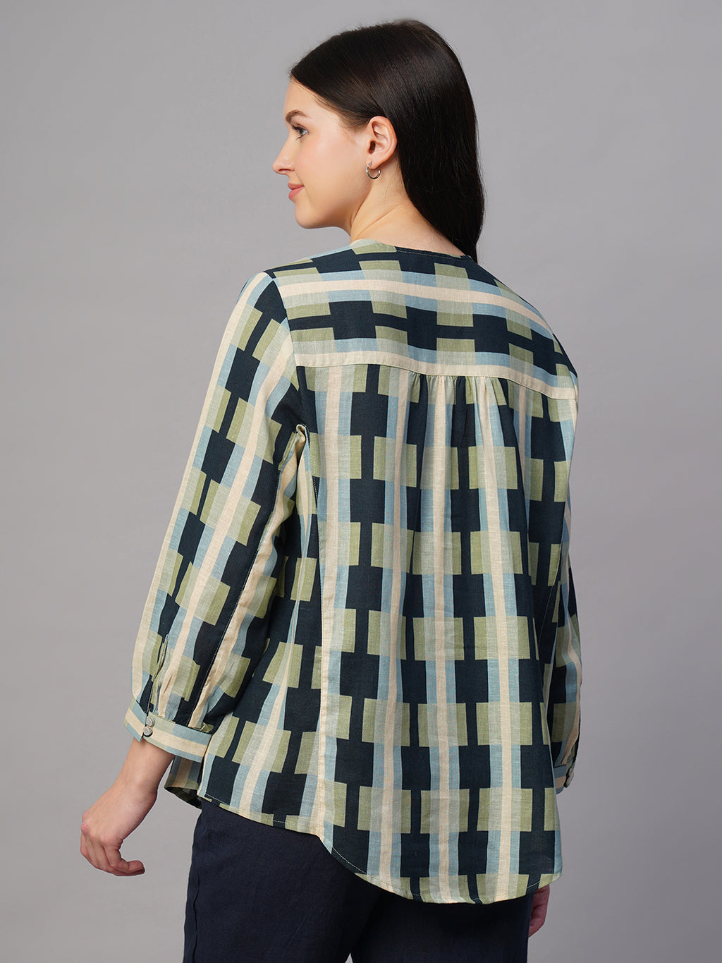 Women's Blue Cotton Flax Boxy Fit Blouse