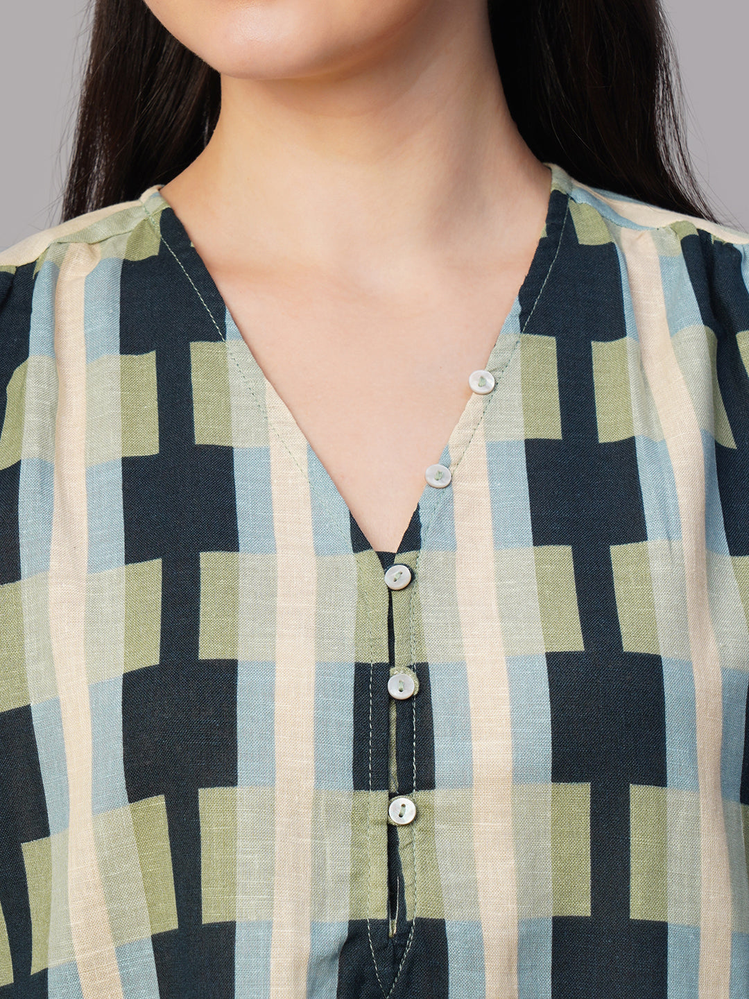Women's Blue Cotton Flax Boxy Fit Blouse