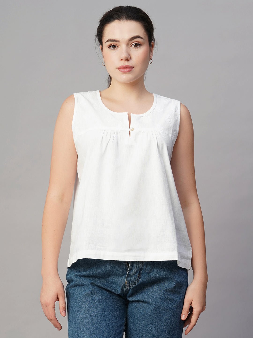 Women's White Cotton Linen Regular Fit Blouse