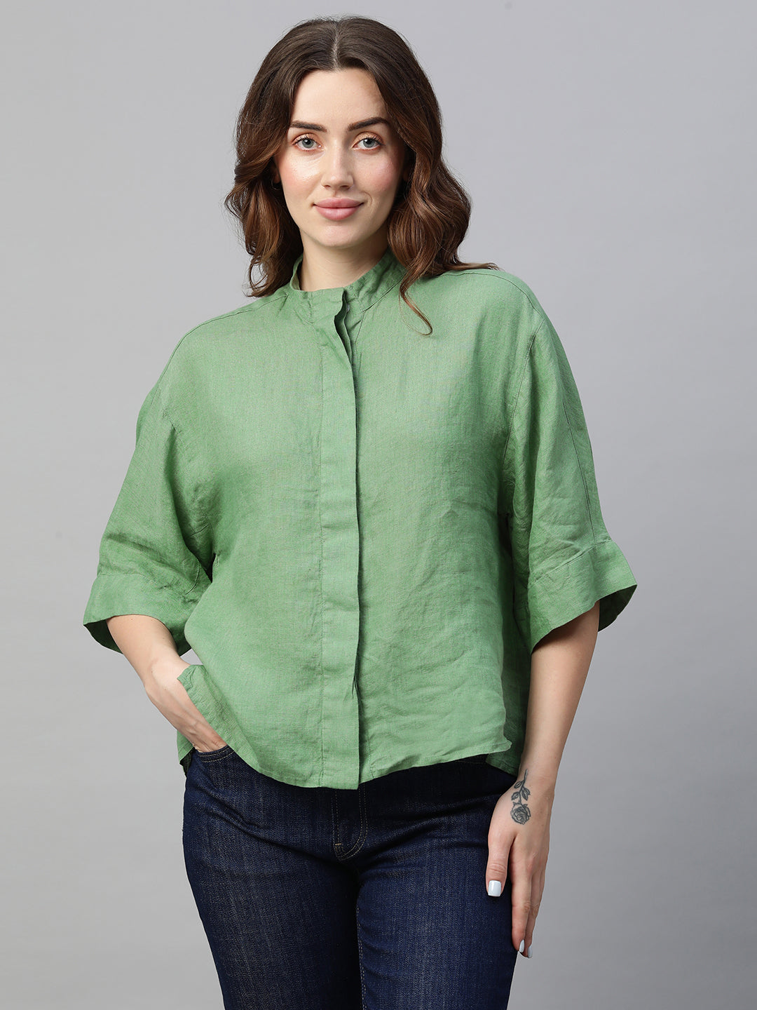 Women's Green Linen Regular Fit Blouse