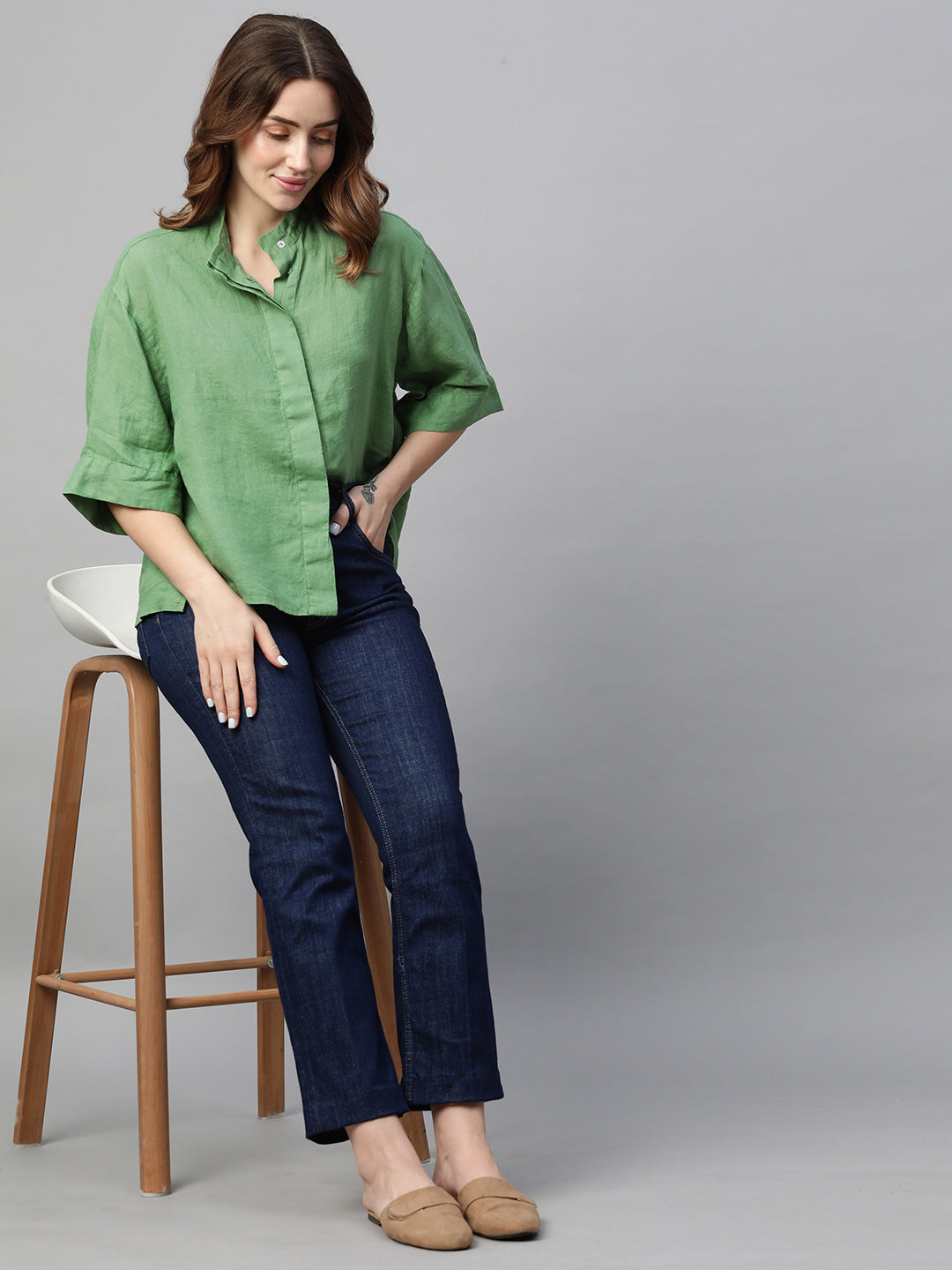 Women's Green Linen Regular Fit Blouse