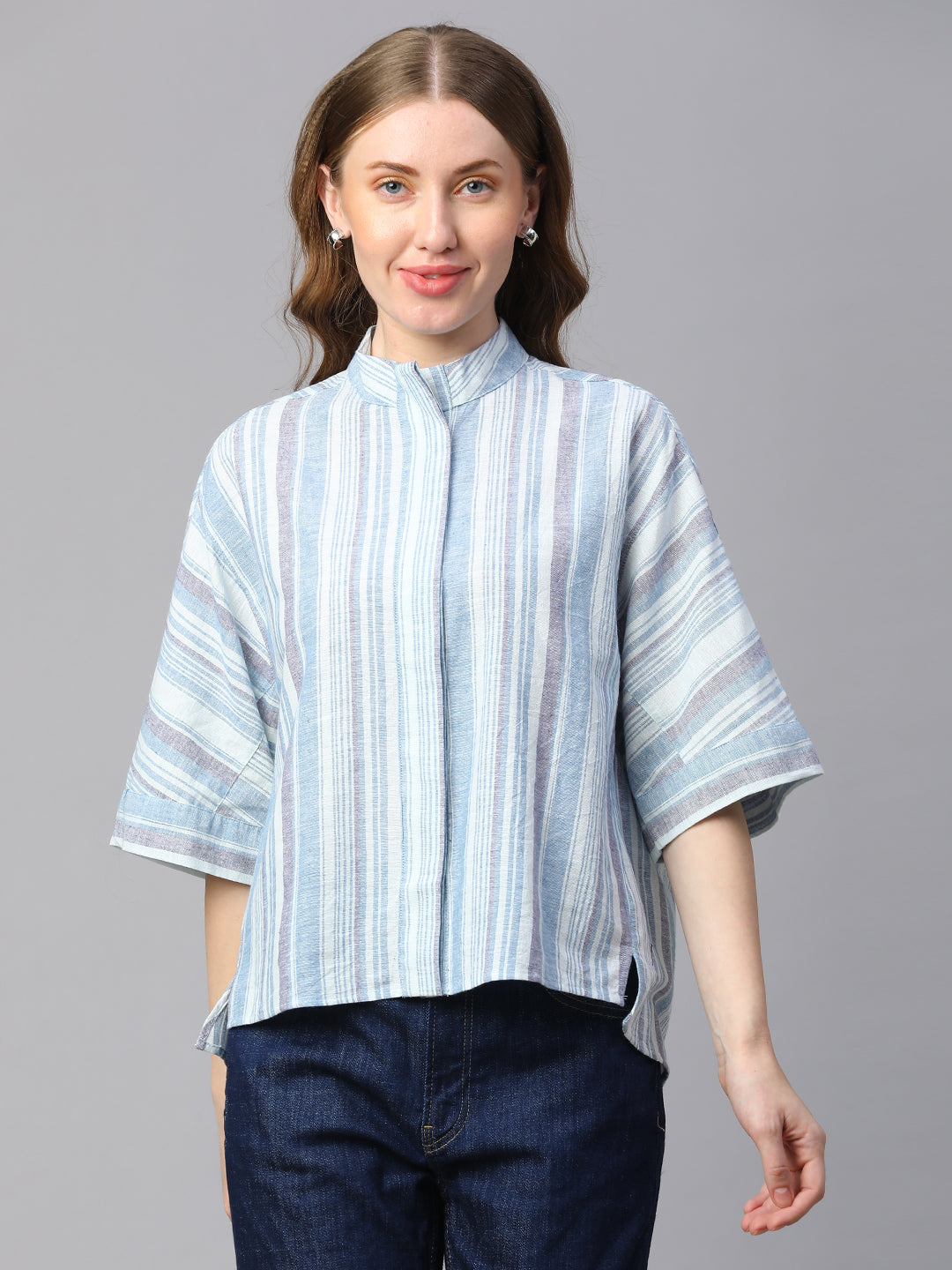 Women's Blue Cotton Linen Boxy Fit Blouse