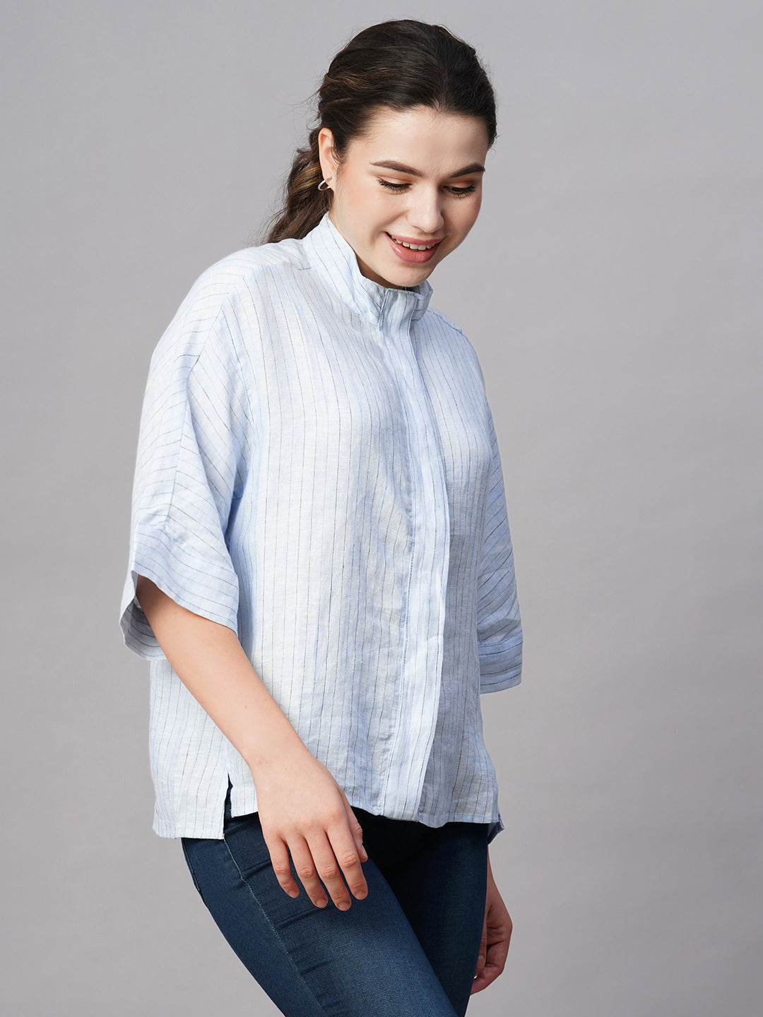 Women's Blue Linen Boxy Fit Blouse