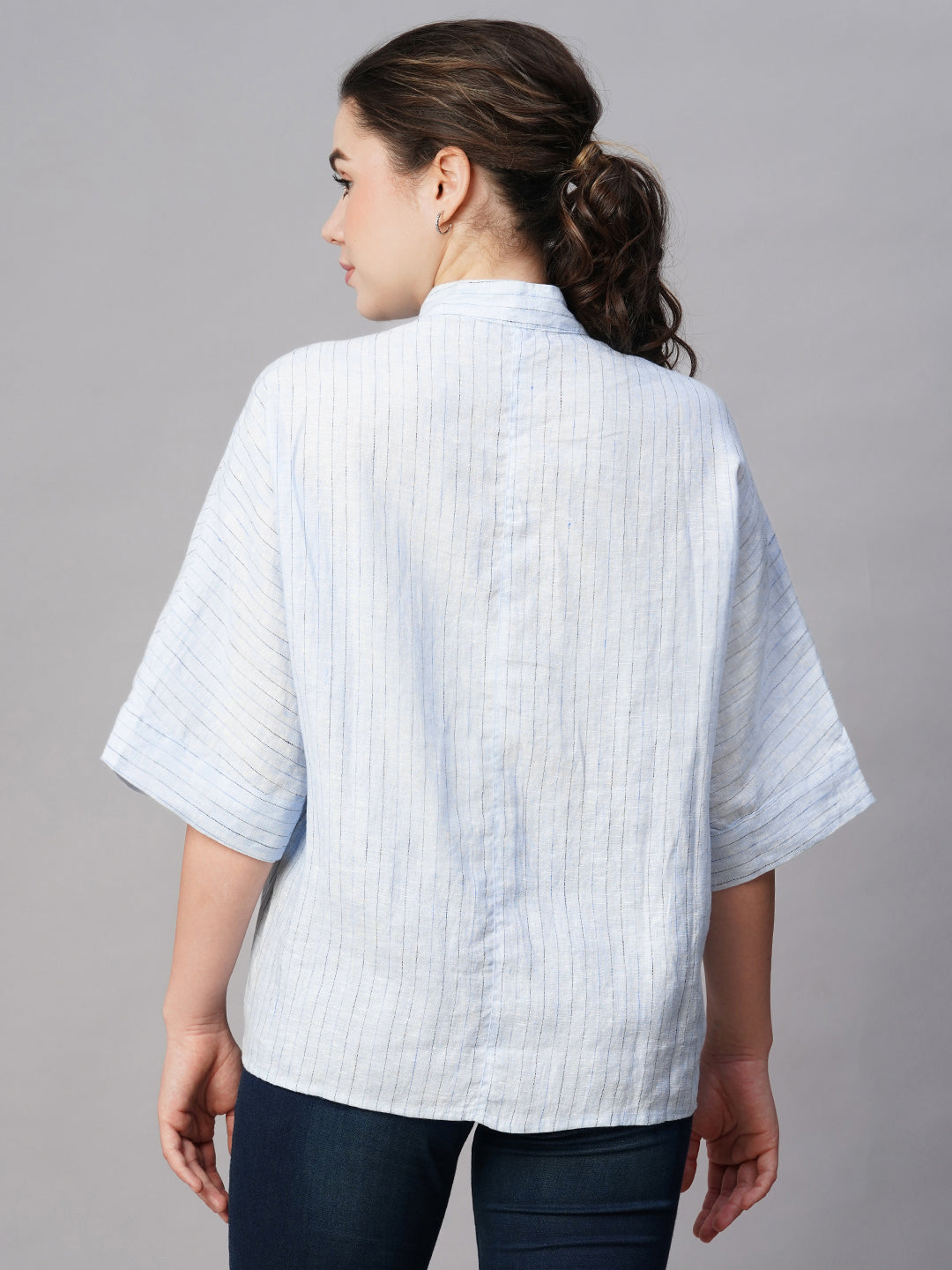 Women's Blue Linen Boxy Fit Blouse