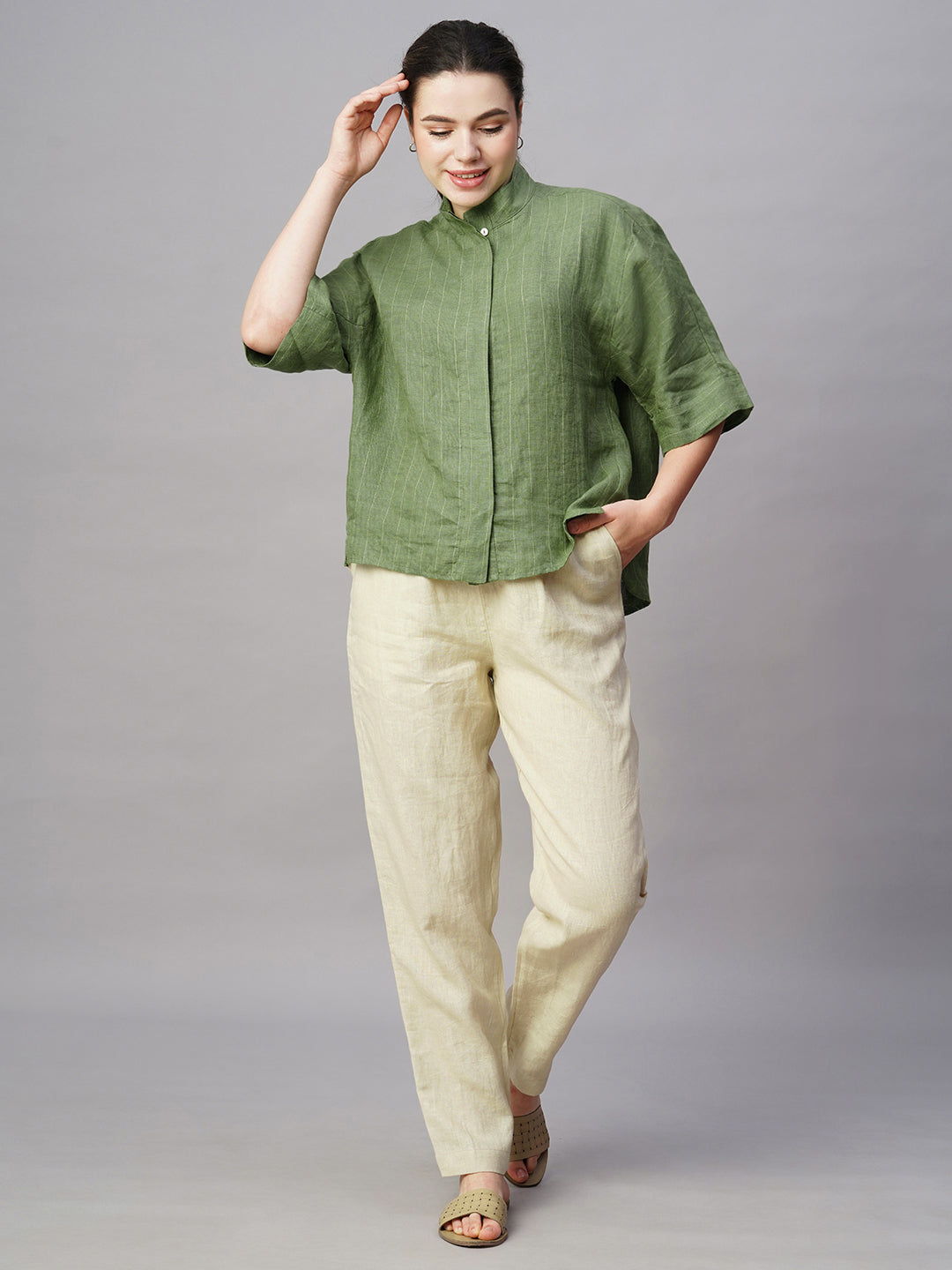 Women's Green Linen Boxy Fit Blouse