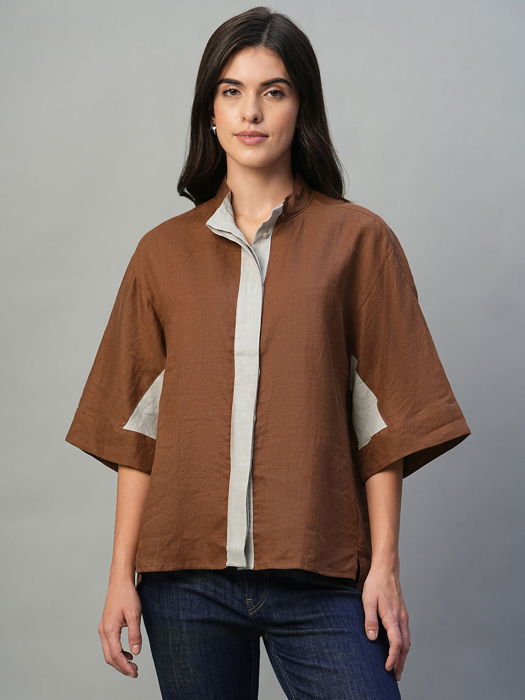 Women's Brown 100% Linen Boxy Fit Blouse