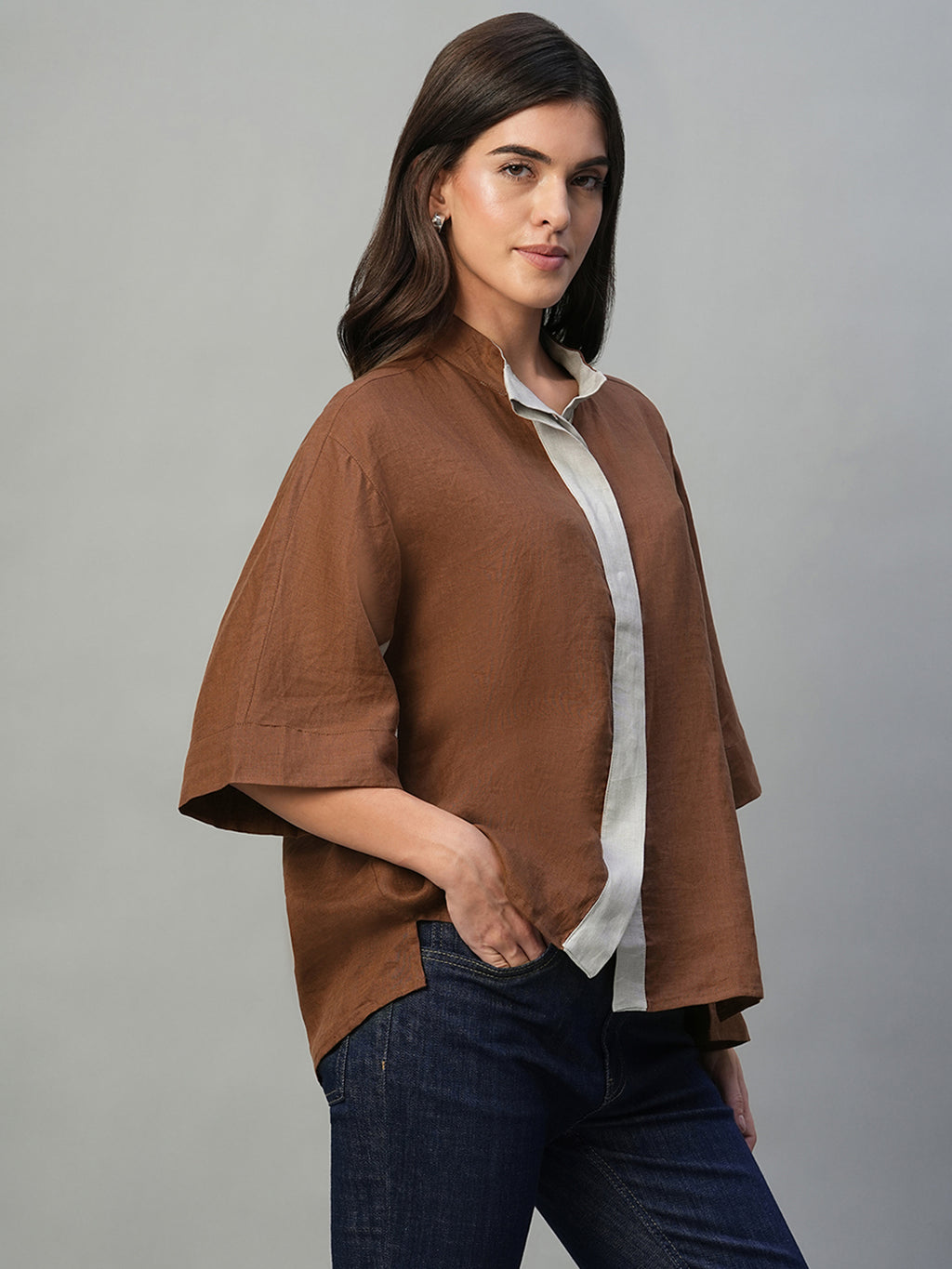 Women's Brown 100% Linen Boxy Fit Blouse
