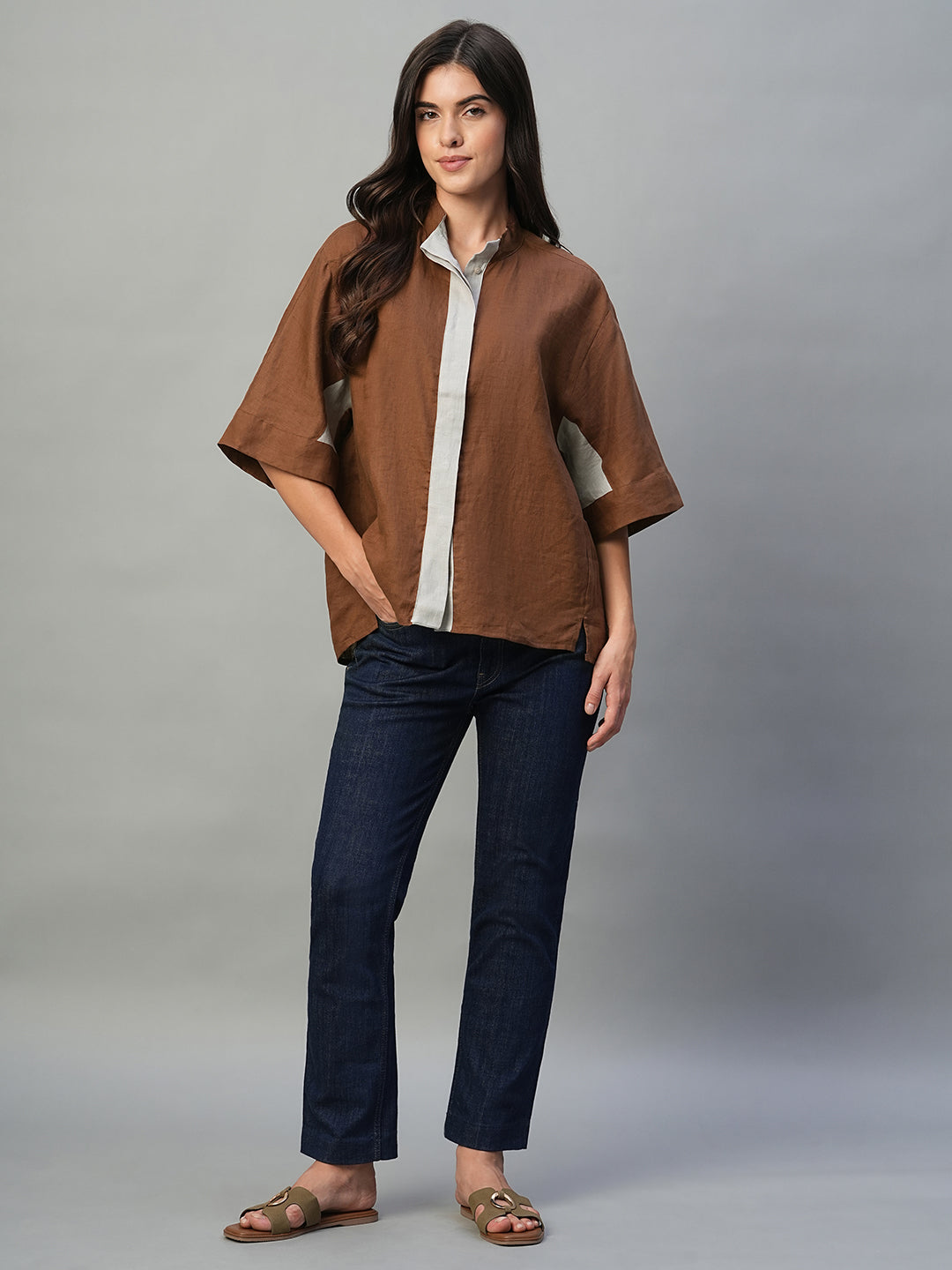 Women's Brown 100% Linen Boxy Fit Blouse