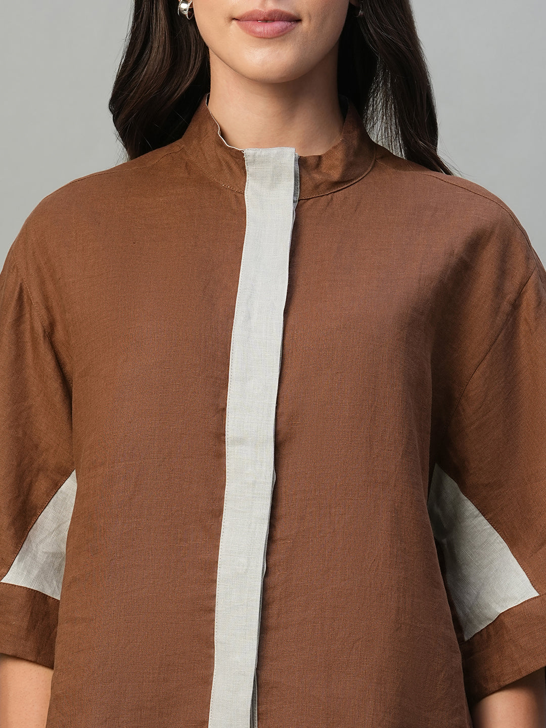 Women's Brown 100% Linen Boxy Fit Blouse