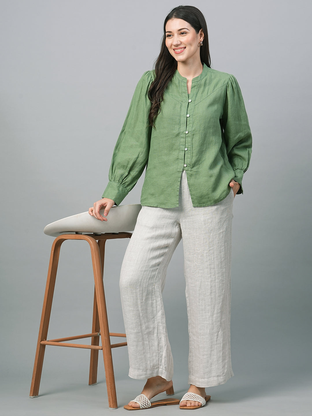 Women's Green Linen Regular Fit Blouse