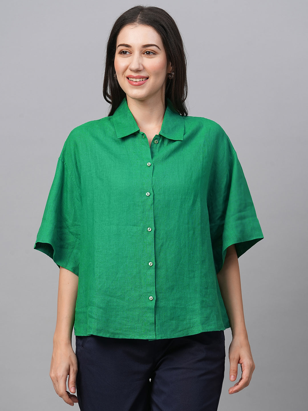 Women's Green Linen Boxy Fit Blouse