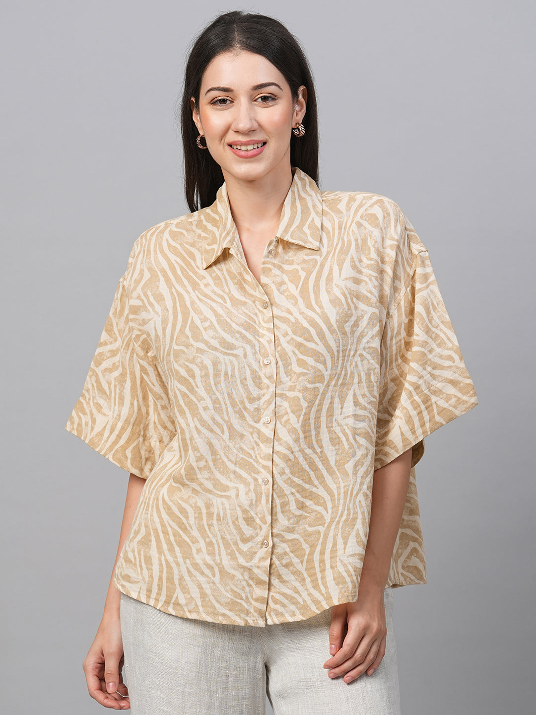 Women's Beige Cotton Linen Regular Fit Blouse