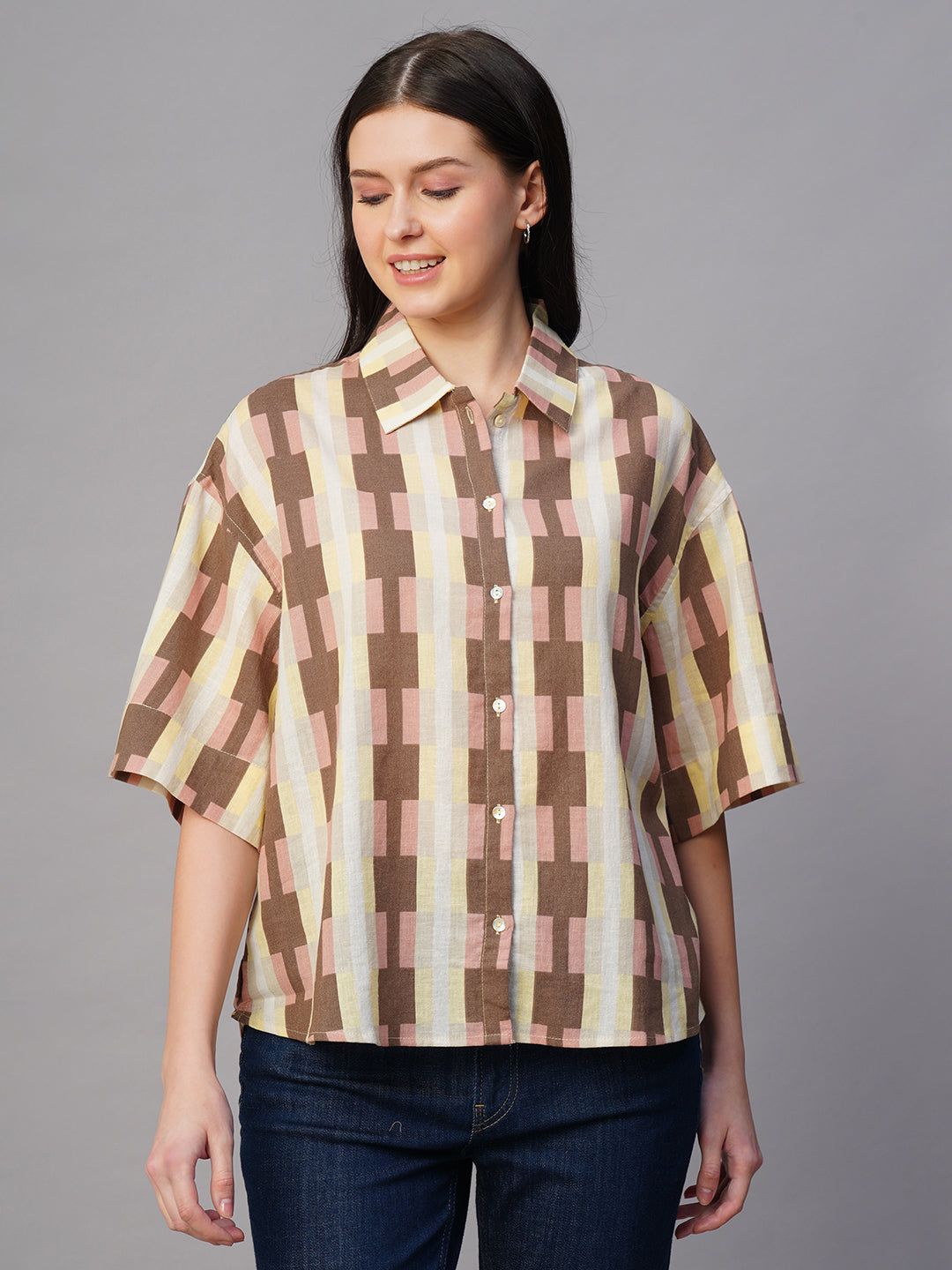 Women's Pink Cotton Flax Boxy Fit Blouse