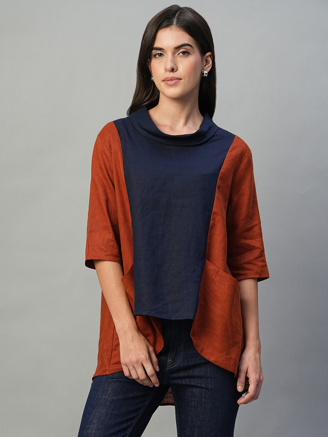 Women's Rust 100% Linen Regular Fit Blouse