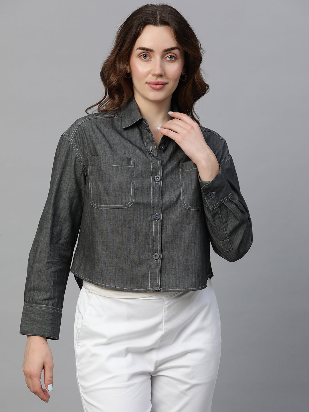 Women's Grey Cotton Regular Fit Blouse