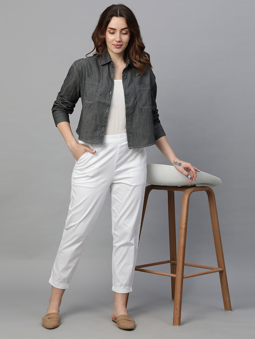 Women's Grey Cotton Regular Fit Blouse