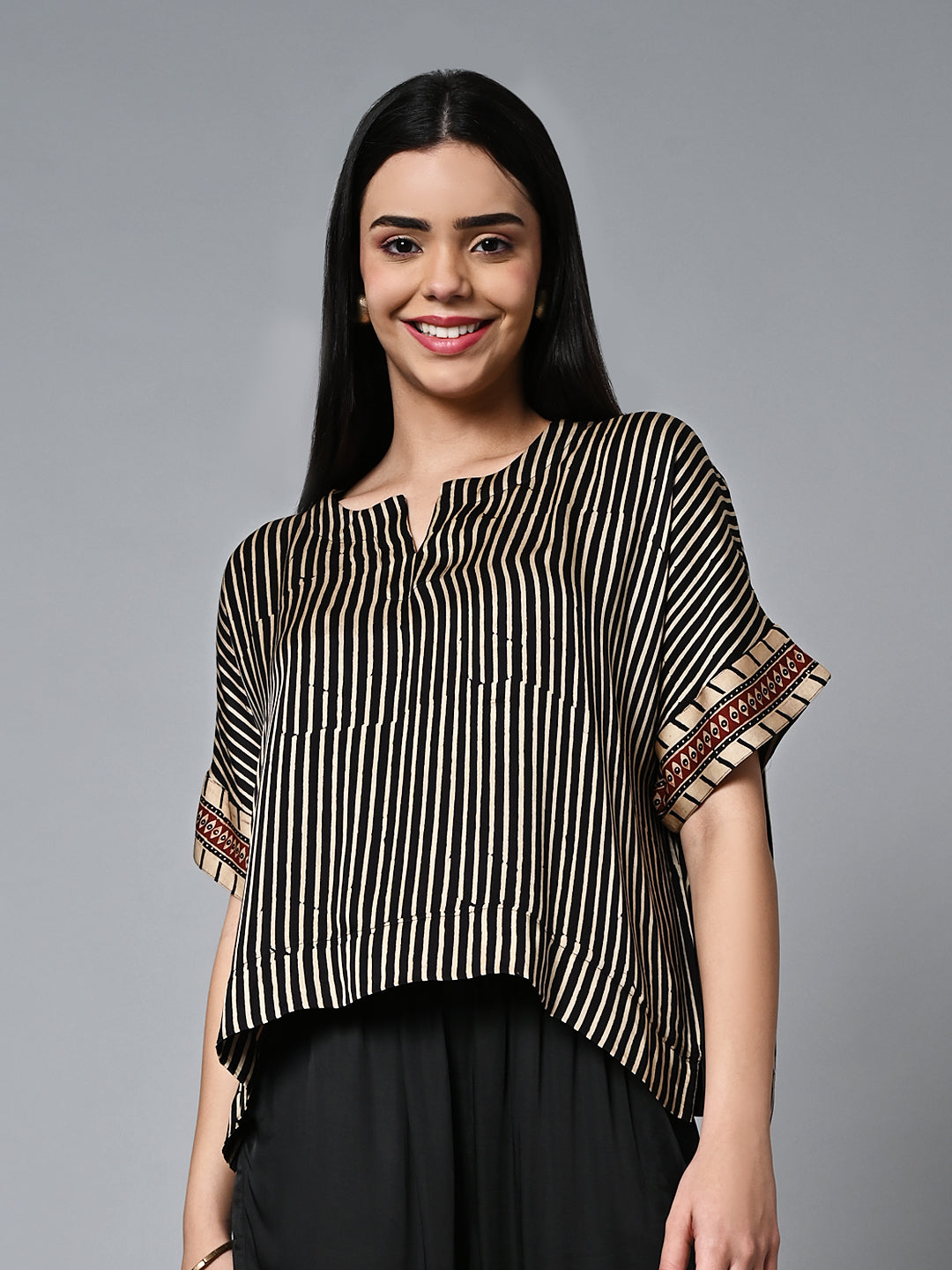 Women’s Viscose Modal Ajrak Hand Block Printed Boxy Fit Black Blouse